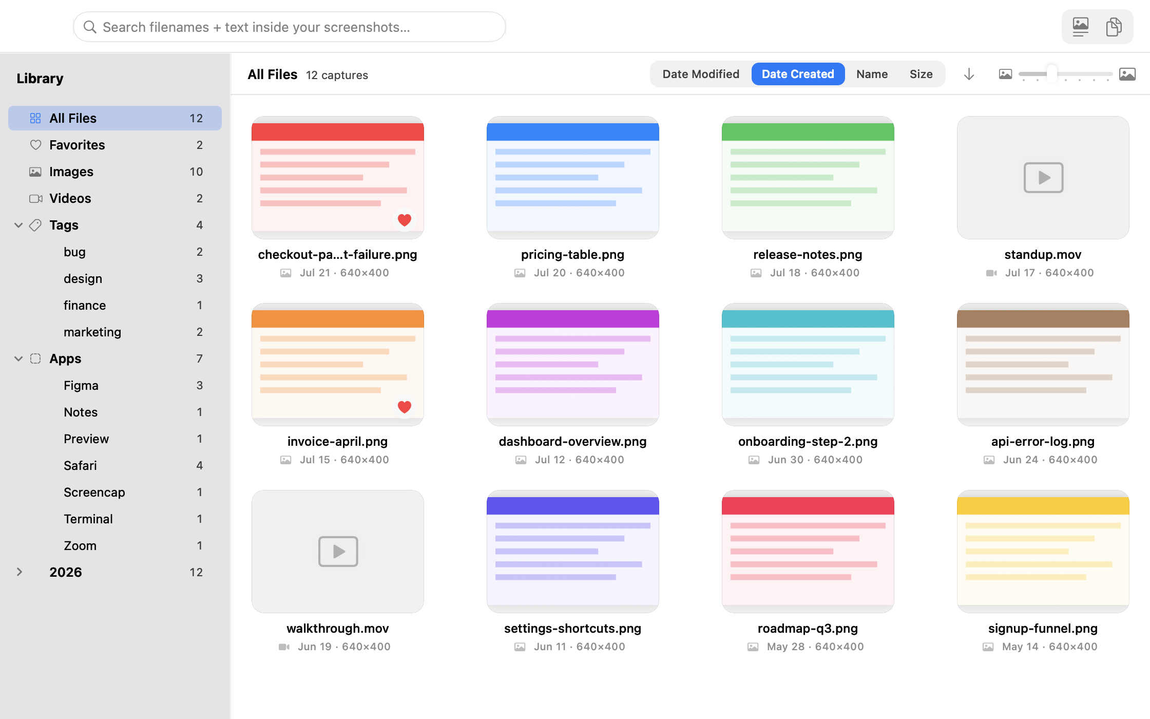 ScreenClipr library grid with sidebar filters for tags and source apps